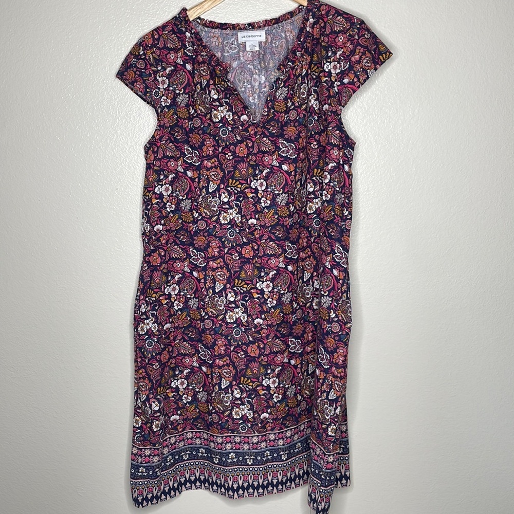 Liz Claiborne Linen Blend Floral Print Dress‎ sz Large Multicolor